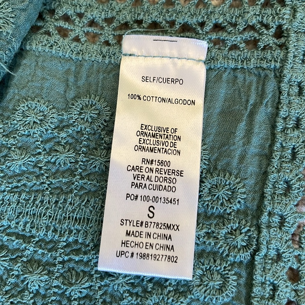 Democracy Green/Blue Crochet Cotton Boho Blouse Top Sz S - Picture 9 of 10